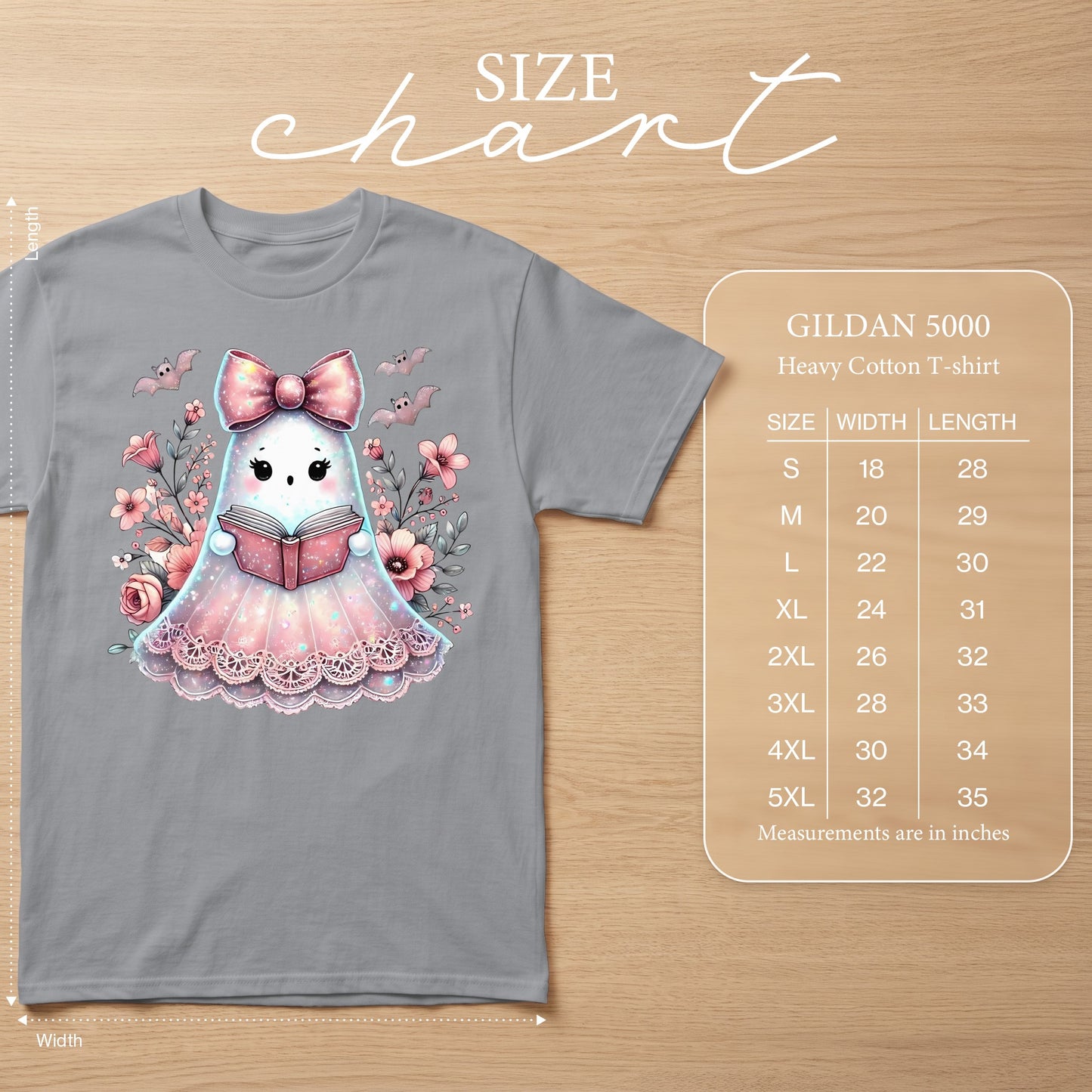 Gildan 5000 Heavy Cotton t-shirt size chart with measurements in inches.