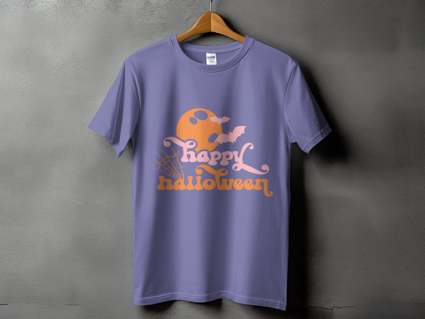 Purple t-shirt with "Happy Halloween" text, orange moon, and bats.