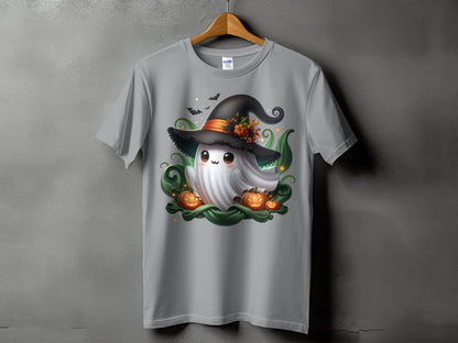 Grey t-shirt with a cute ghost wearing a witch hat and surrounded by pumpkins.