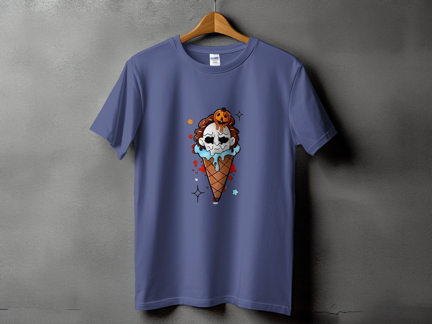 T-shirt with a Halloween ice cream cone graphic featuring a skull and pumpkin.