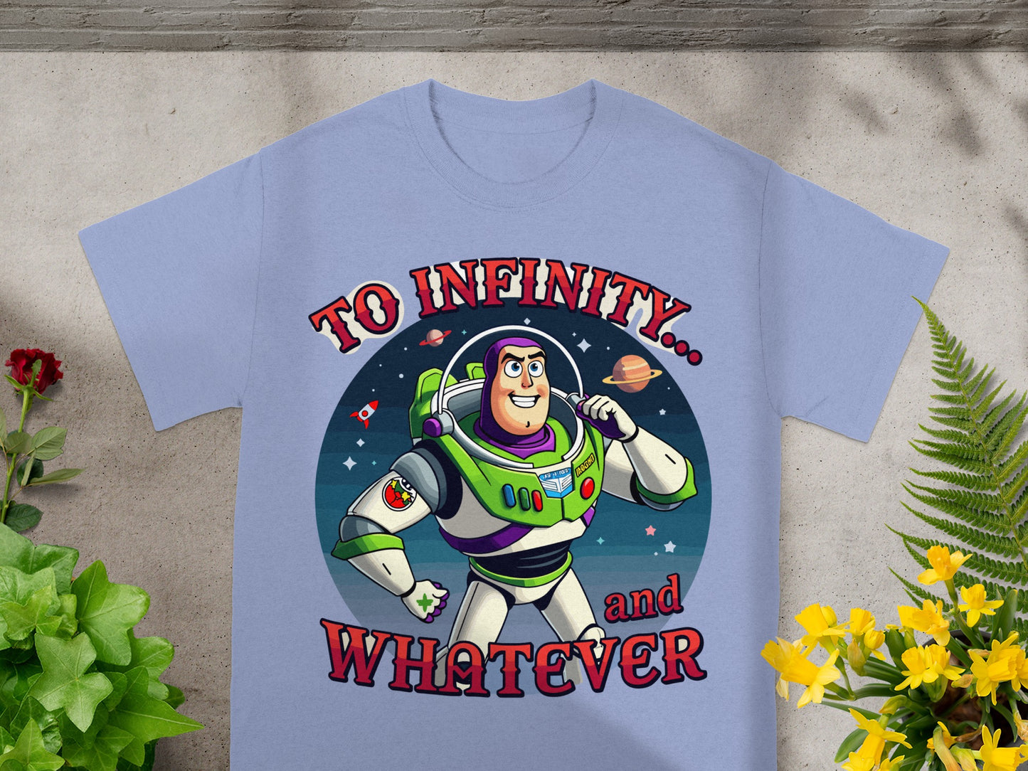 Buzz Lightyear t-shirt with "To Infinity... and Whatever" text and space graphics.