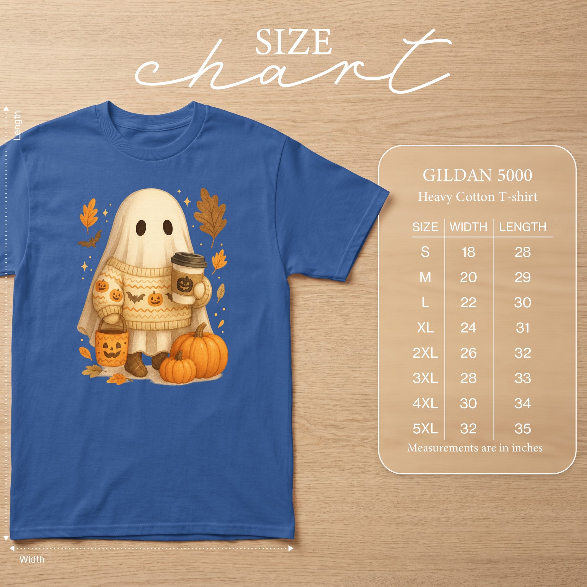 Blue t-shirt with a cute ghost graphic and a Gildan 5000 size chart.