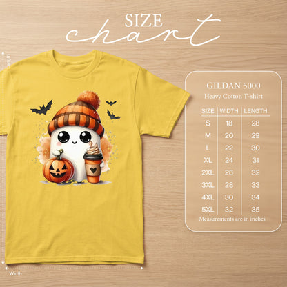 Yellow t-shirt with ghost graphic, pumpkin, coffee, and Gildan 5000 size chart.