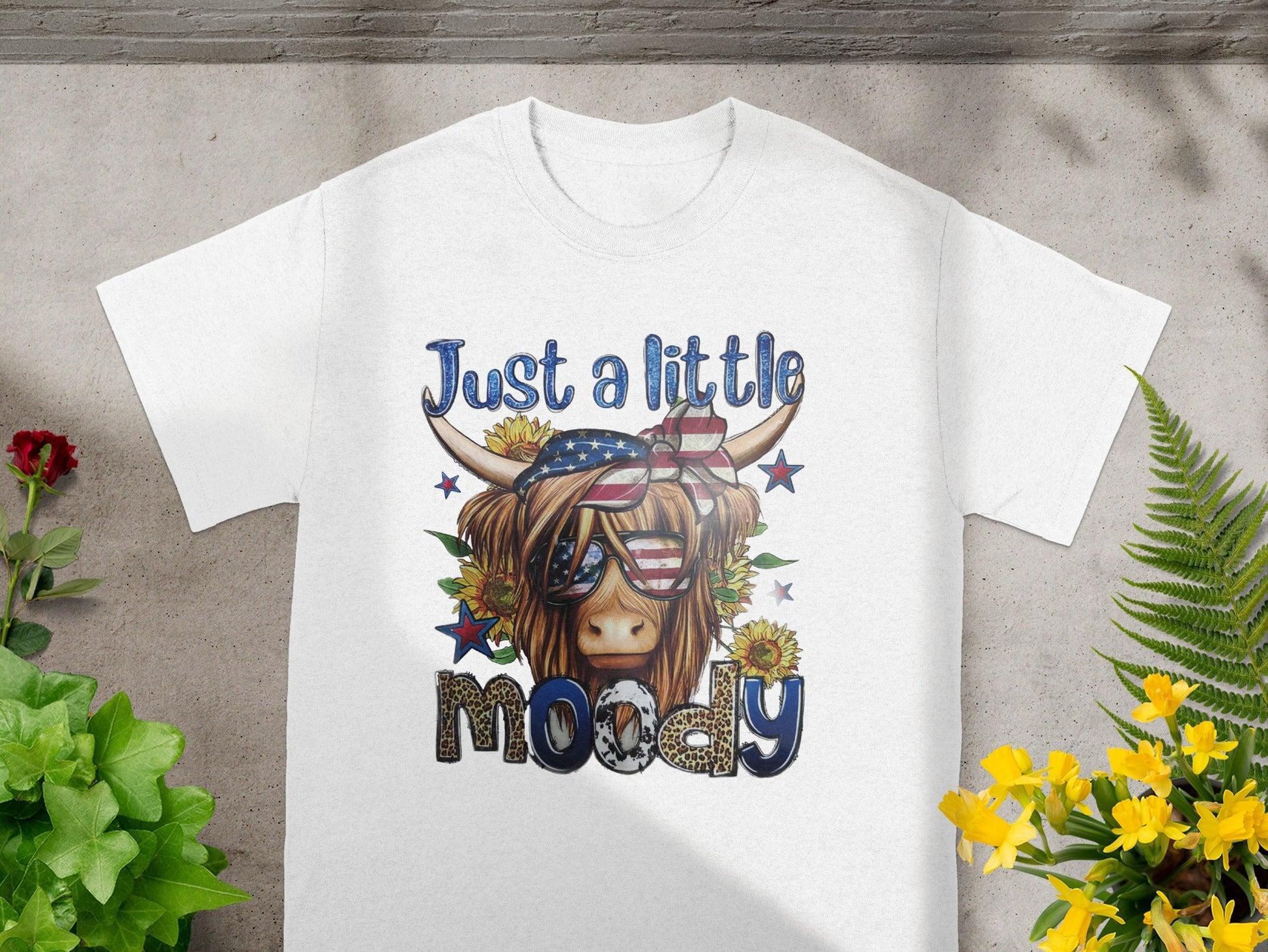 Just a Little Moody Patriotic Cow Graphic T-shirt