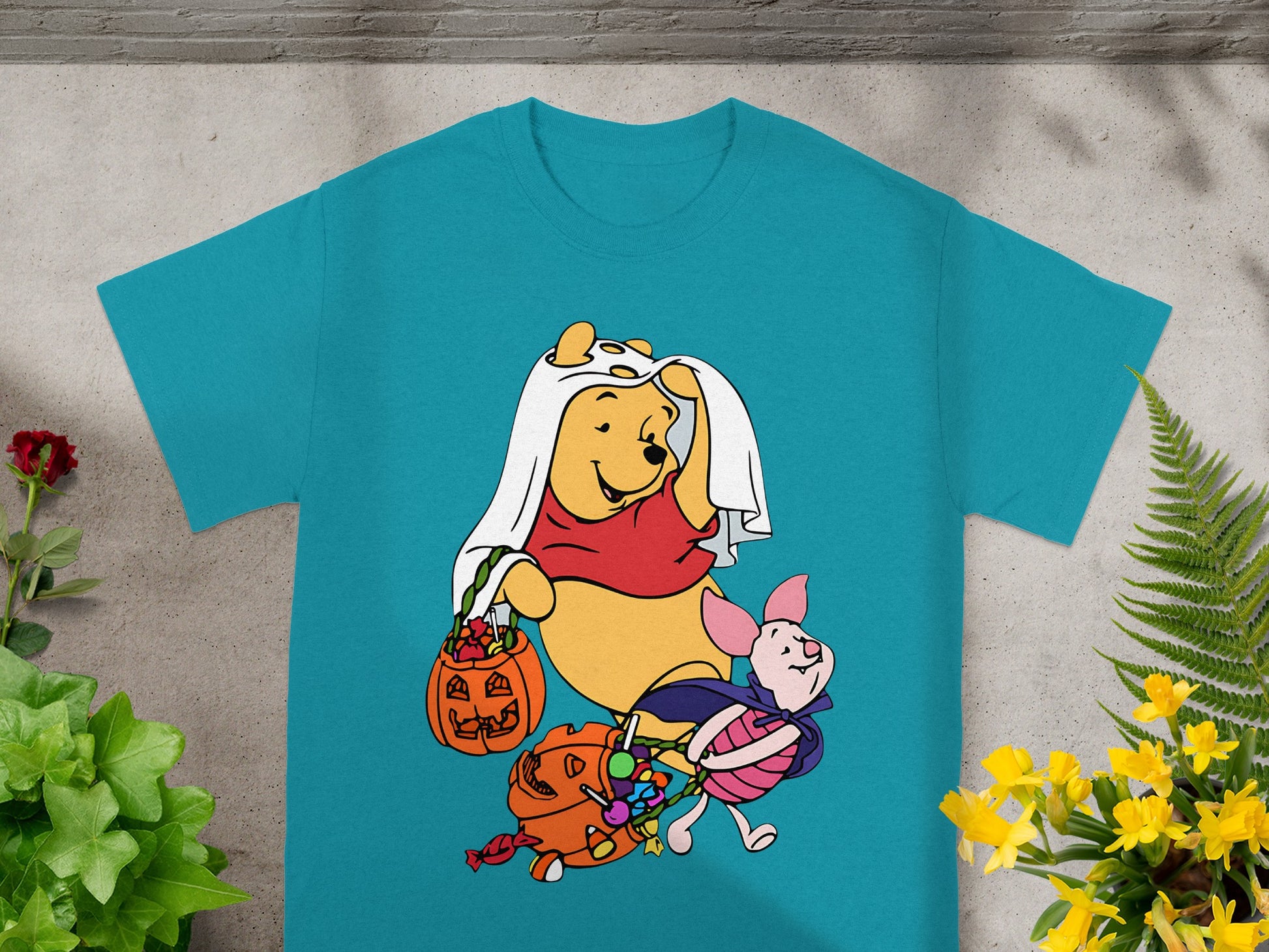 Winnie the Pooh and Piglet trick-or-treating with candy and pumpkins.
