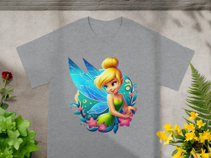 Tinkerbell with blue wings and pink flowers on a grey t-shirt.