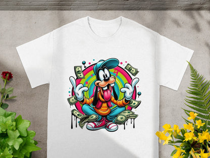 Goofy in a colorful t-shirt and hat, surrounded by falling dollar bills.