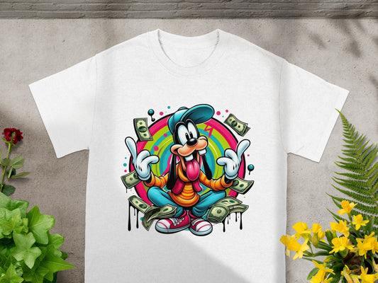 Goofy in a colorful t-shirt and hat, surrounded by falling dollar bills.