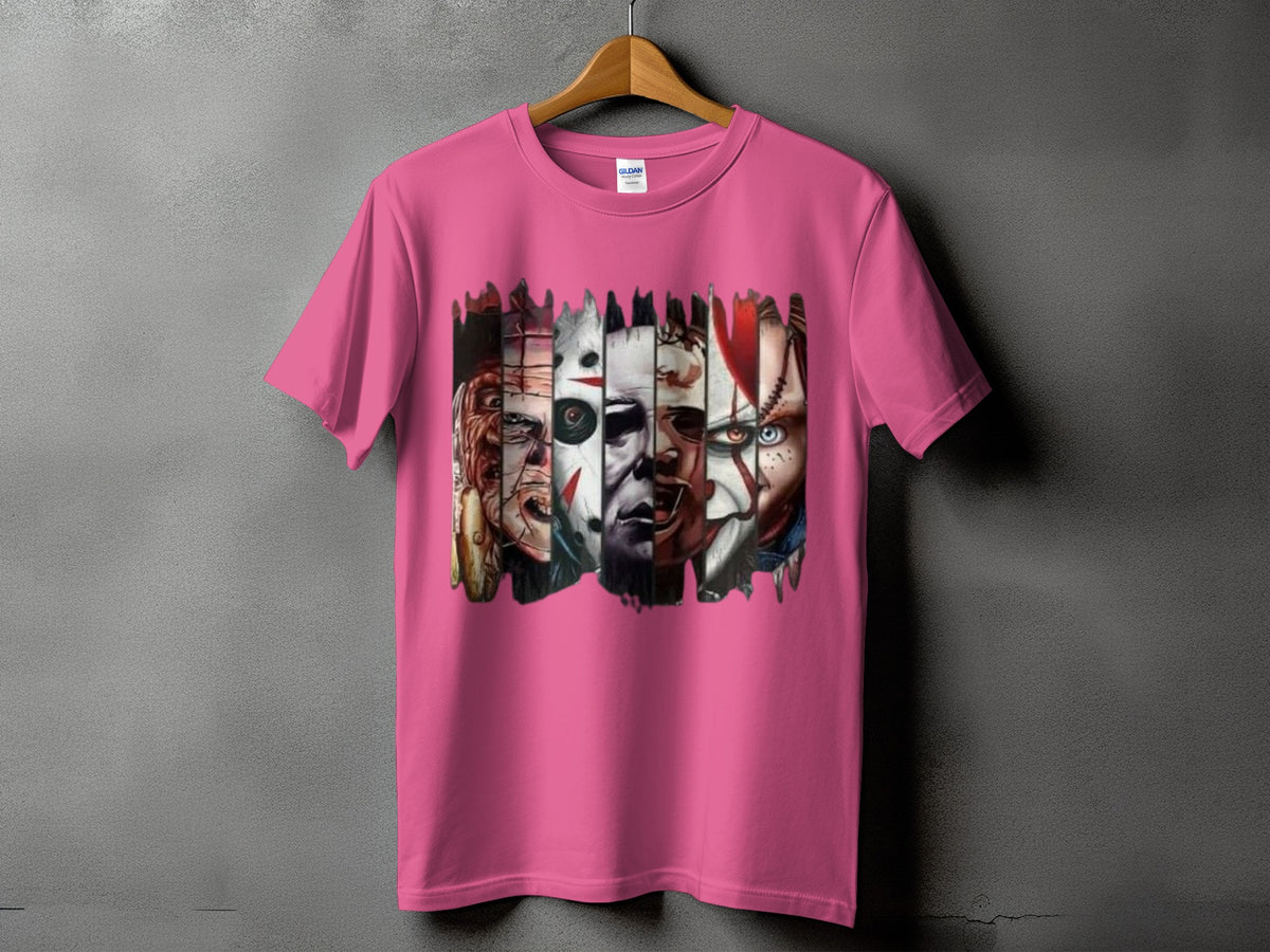Pink t-shirt with a montage of horror movie villain masks across the chest.