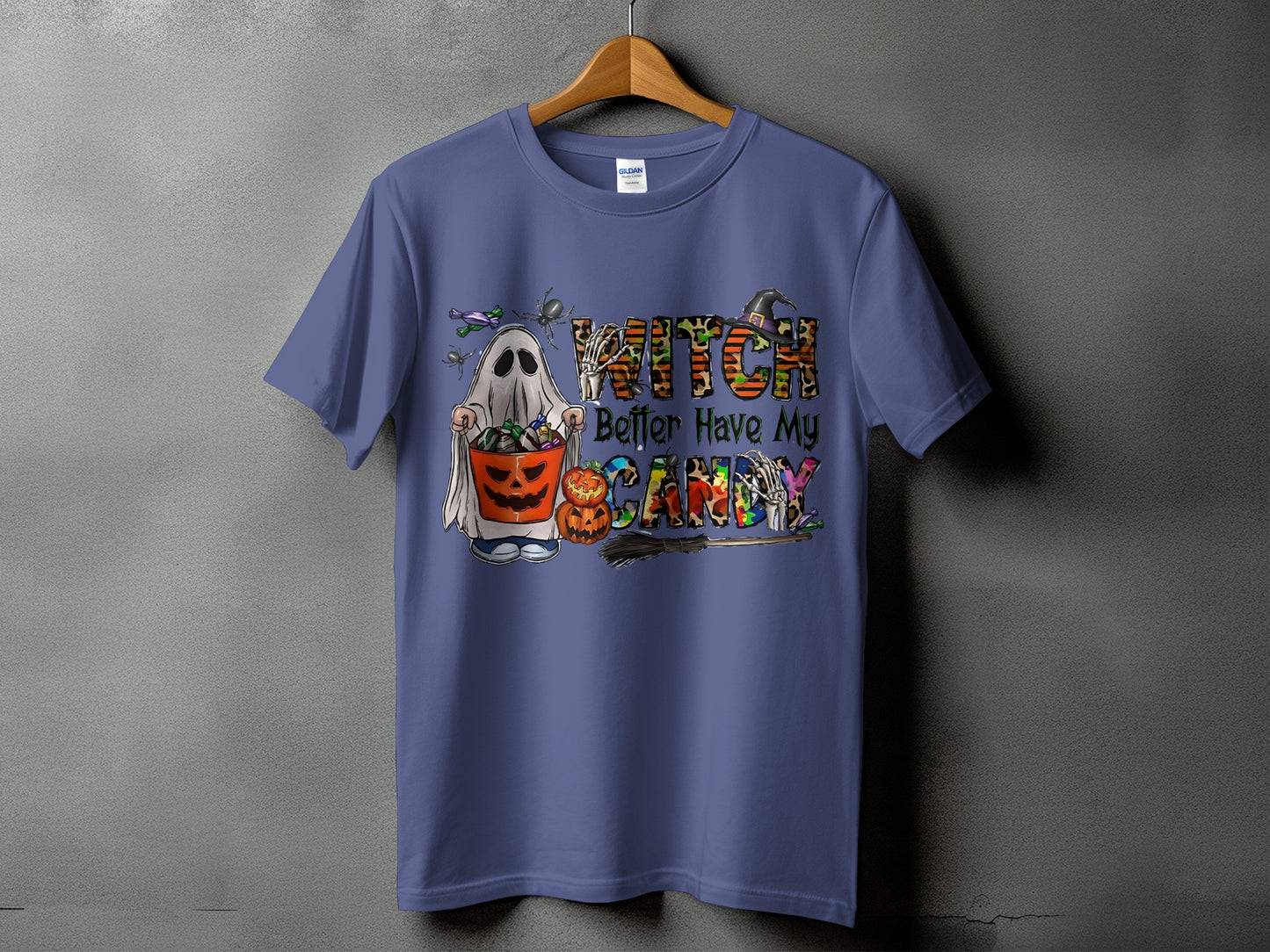 Purple t-shirt with ghost, pumpkin bucket, and "WITCH Better Have My CANDY" text.