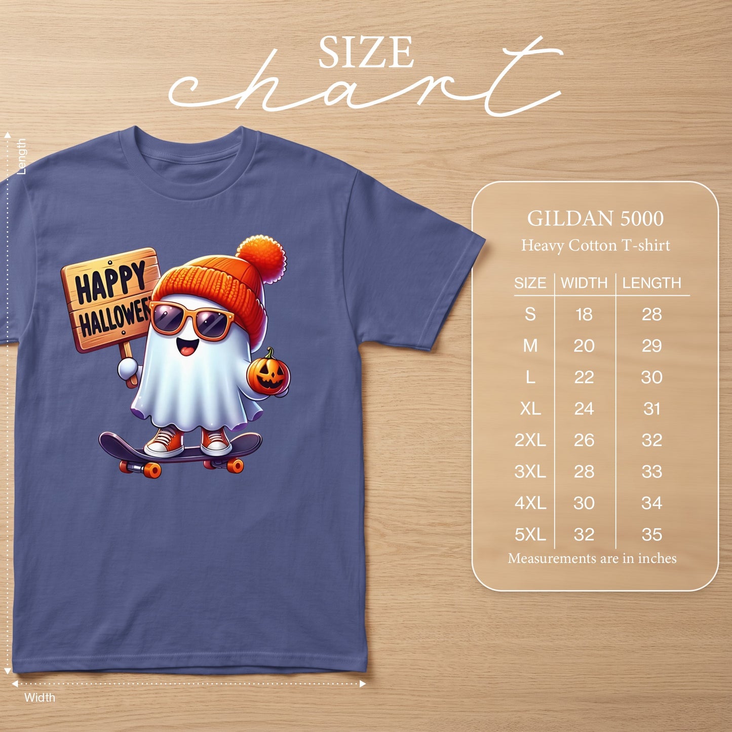 T-shirt with cartoon ghost on skateboard holding "Happy Halloween" sign and pumpkin. Size chart details.