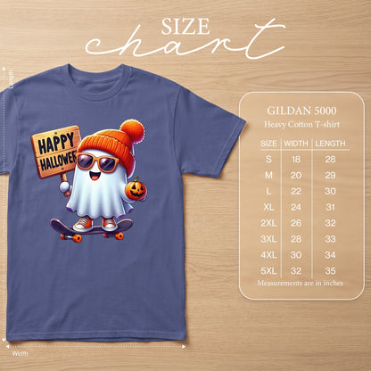 T-shirt with cartoon ghost on skateboard holding "Happy Halloween" sign and pumpkin. Size chart details.