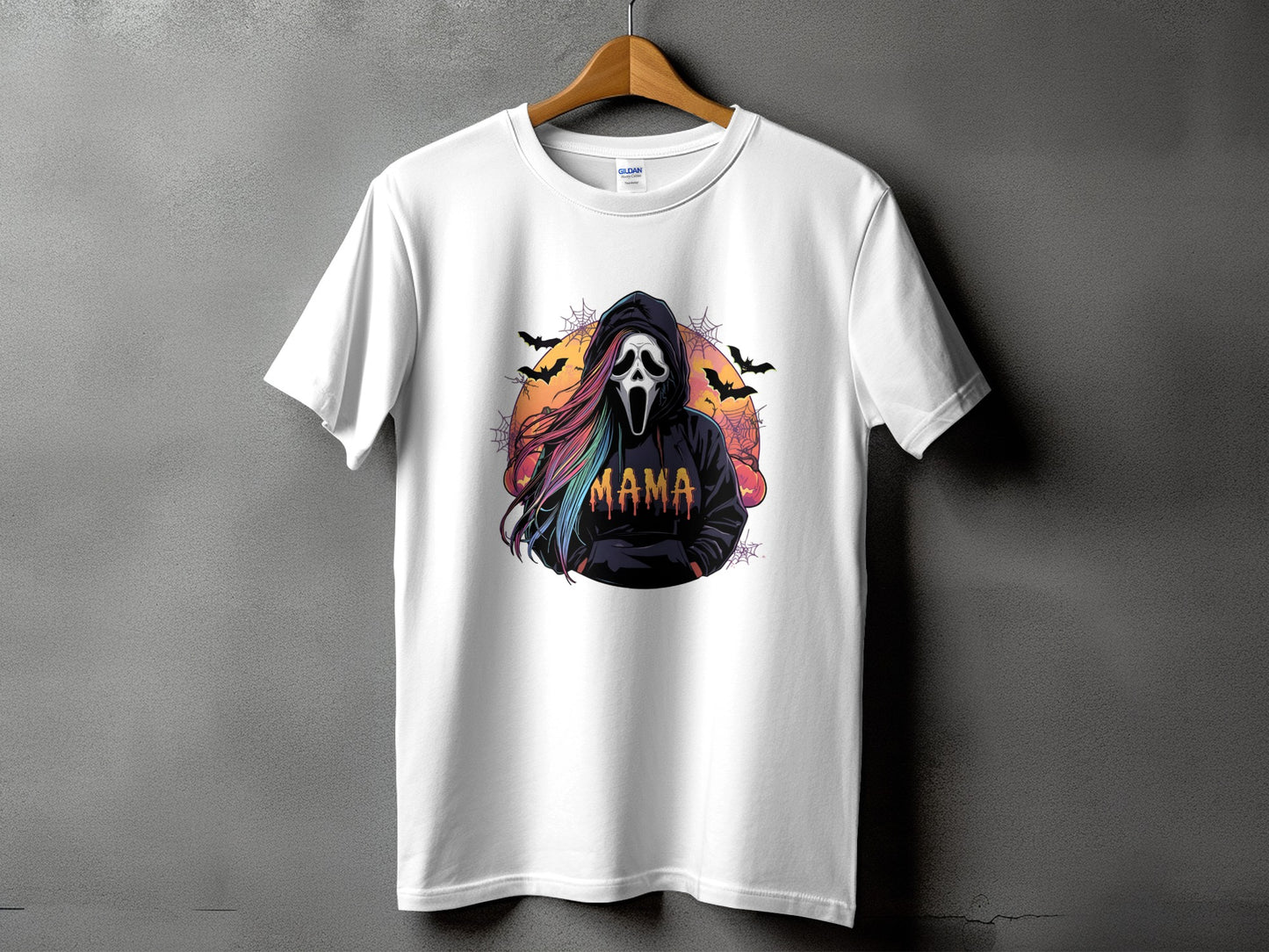 White t-shirt with a ghostface design, rainbow hair, and the word "Mama".