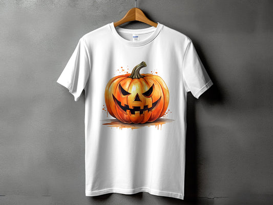White t-shirt with a watercolor-style jack-o'-lantern graphic and splatters.