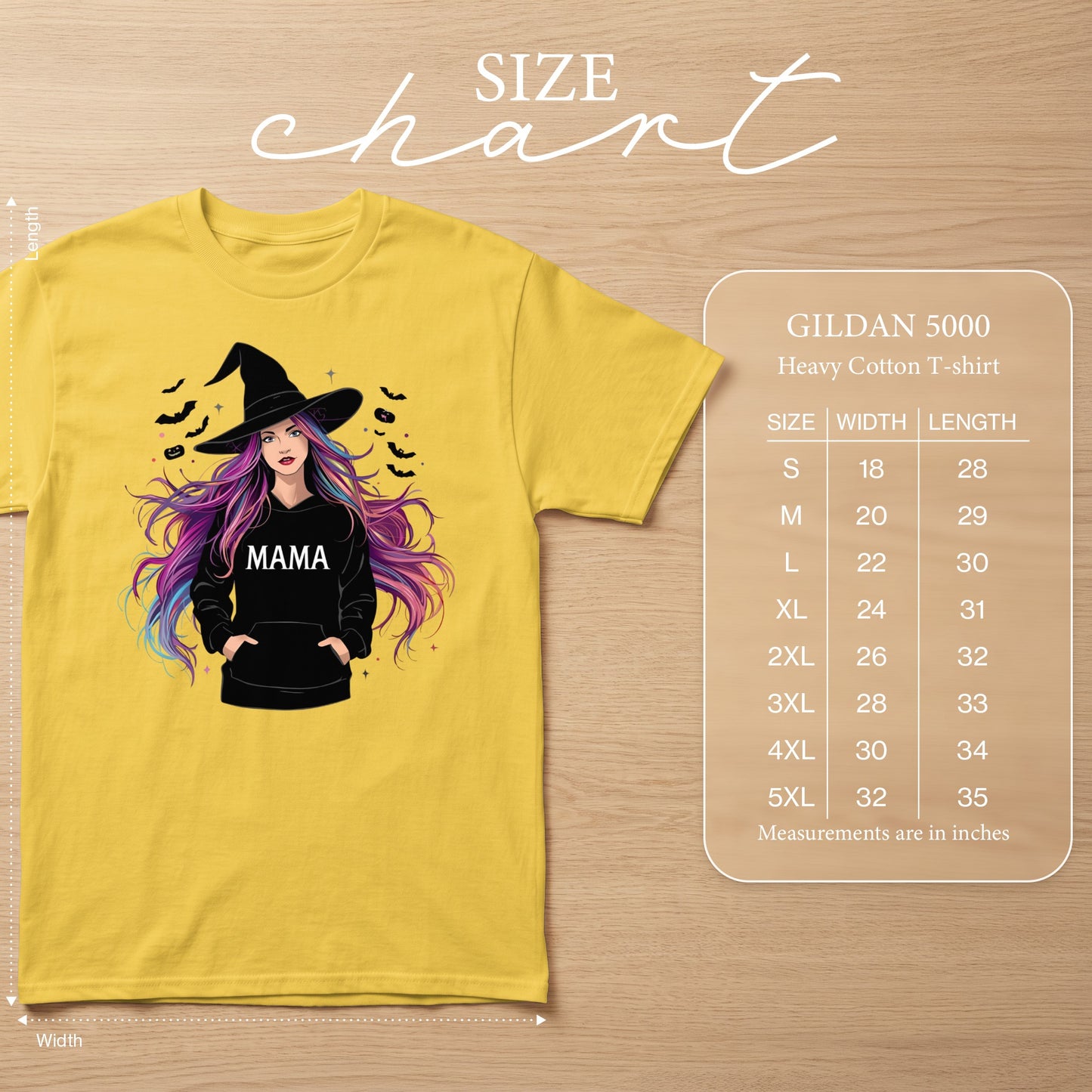 Yellow Gildan 5000 t-shirt with a graphic of a witch and "MAMA" text.