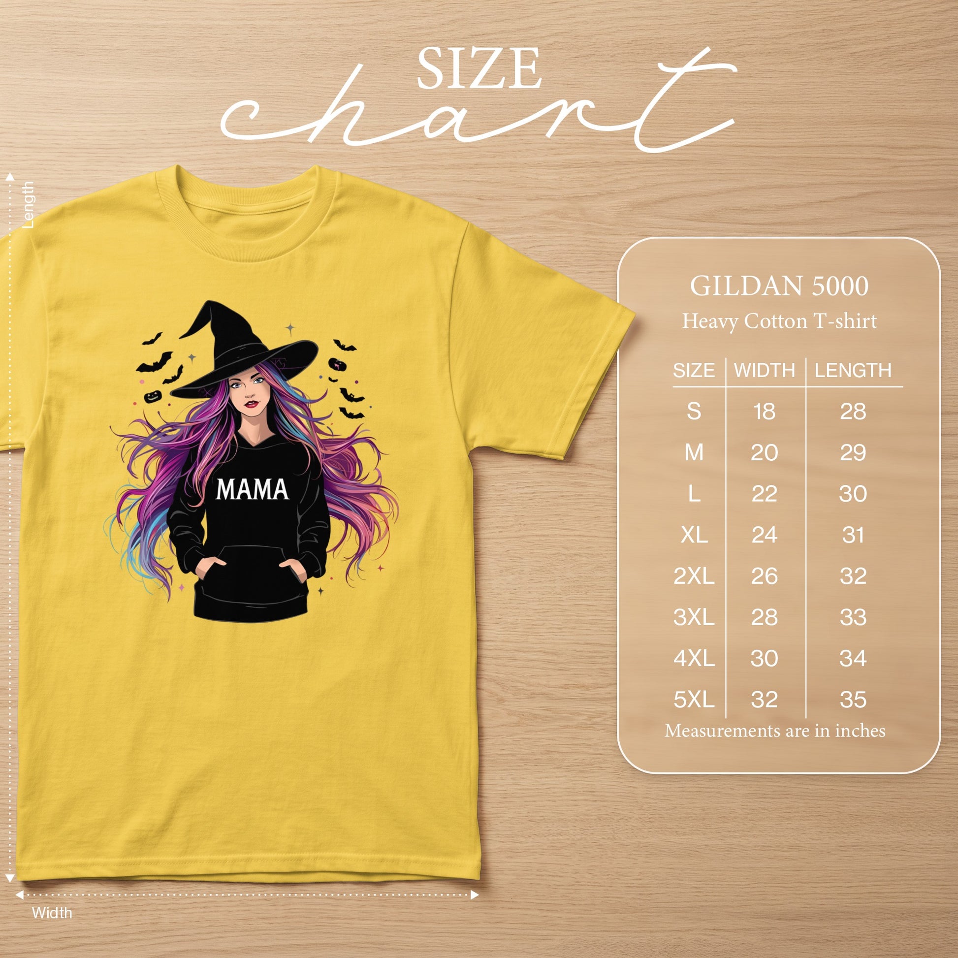 Yellow Gildan 5000 t-shirt with a graphic of a witch and "MAMA" text.