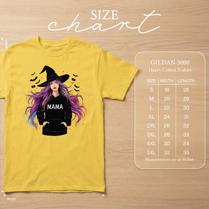 Yellow Gildan 5000 t-shirt with a graphic of a witch and "MAMA" text.
