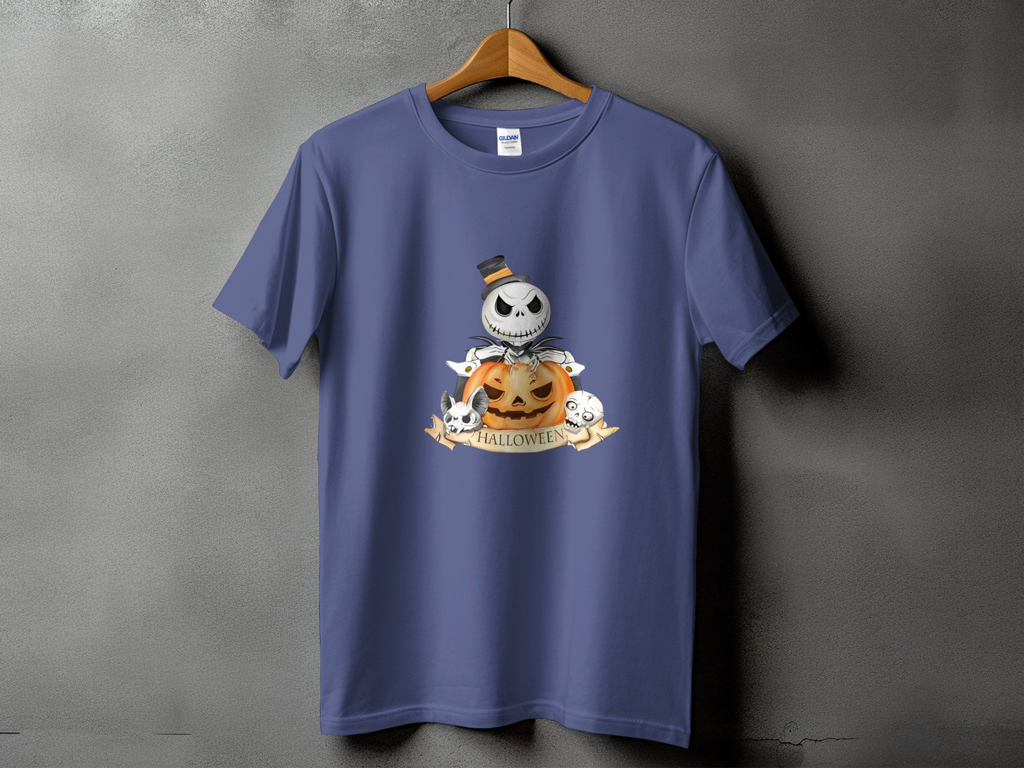 Purple t-shirt with Jack Skellington, pumpkin, skulls, and "Halloween" banner graphic.