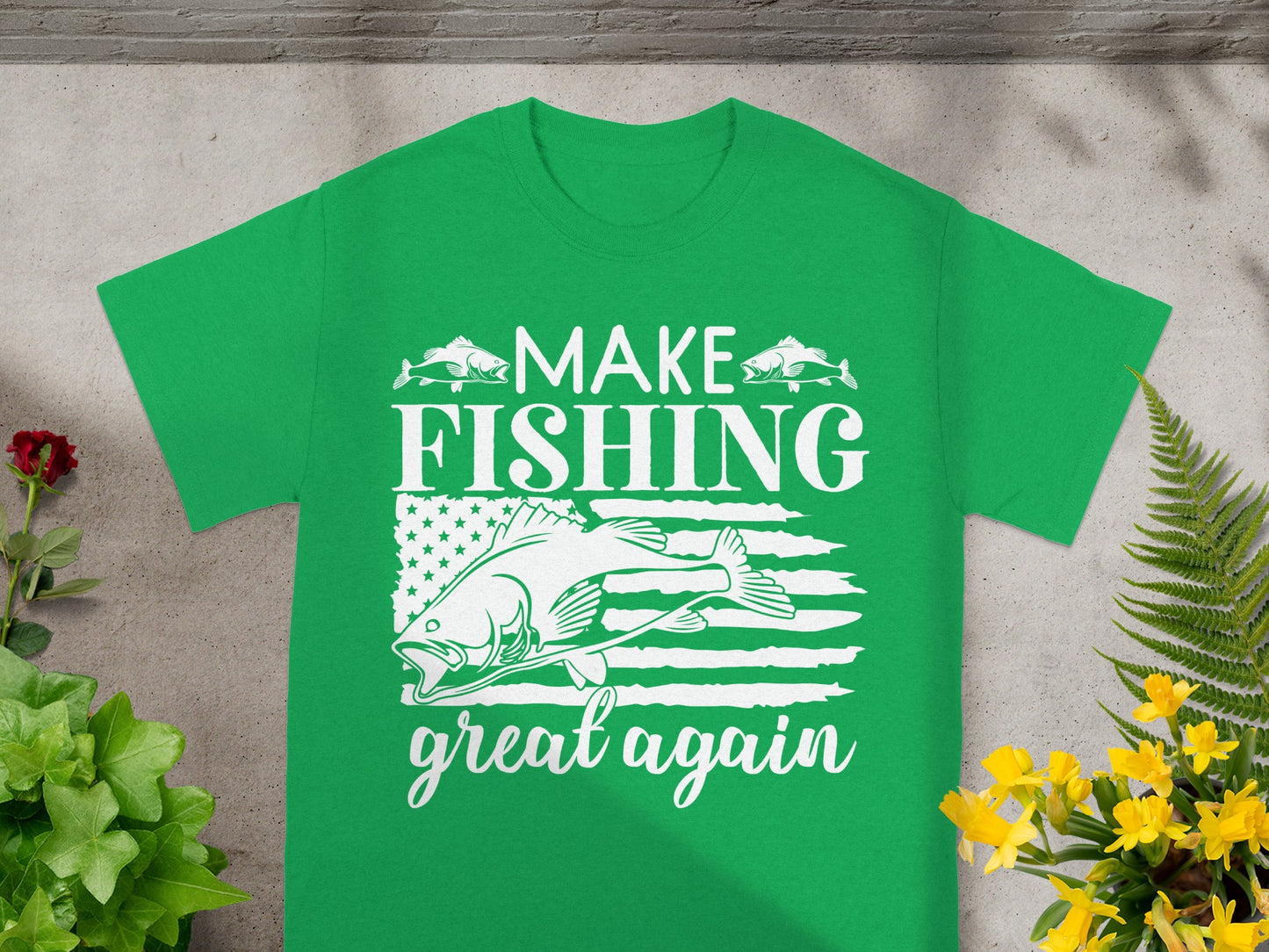 Green t-shirt with "Make Fishing Great Again" text and a fish design.