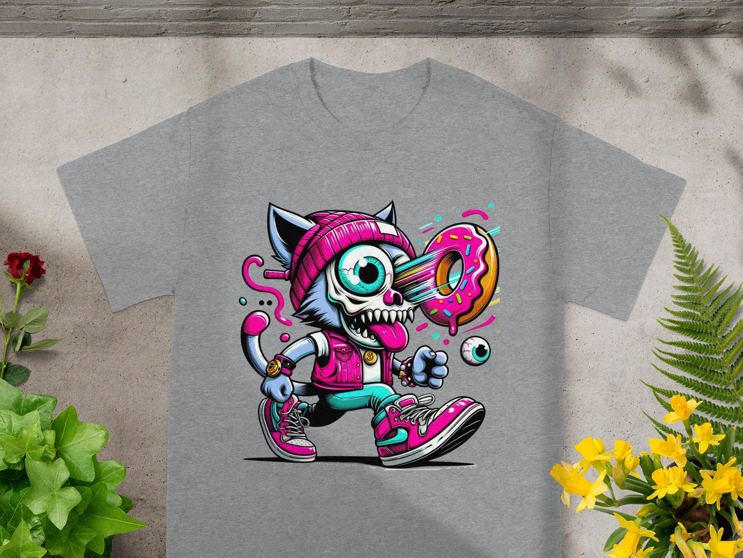 Funky Cartoon Cat with Donut Eye Graphic T-shirt