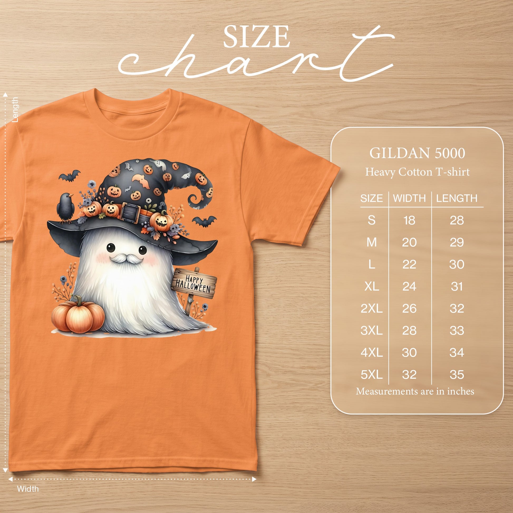 Orange t-shirt with a cute ghost wearing a witch hat and a "Happy Halloween" sign.
