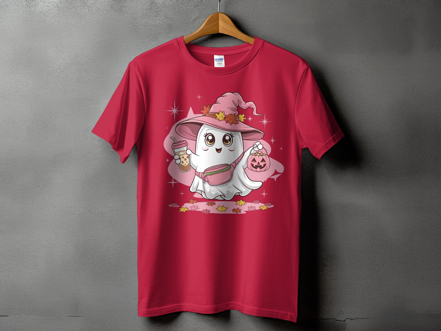 Cute ghost wearing a witch hat holds bubble tea and pumpkin bucket.
