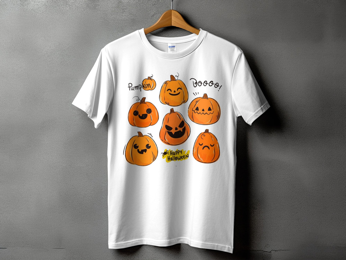 White t-shirt with seven cartoon pumpkins and "Happy Halloween" text.