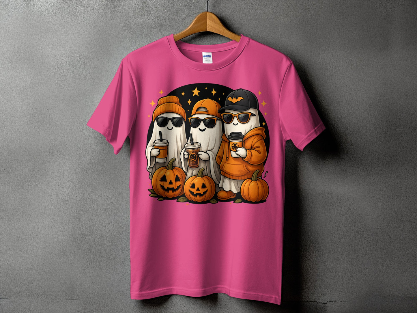 Three cartoon ghosts with sunglasses and hats hold coffee cups, with pumpkins.