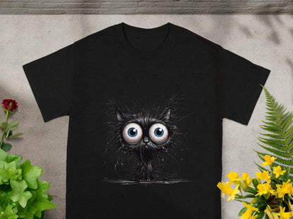 Funny Big Eyed Cat with Spiky Fur Graphic T-Shirt