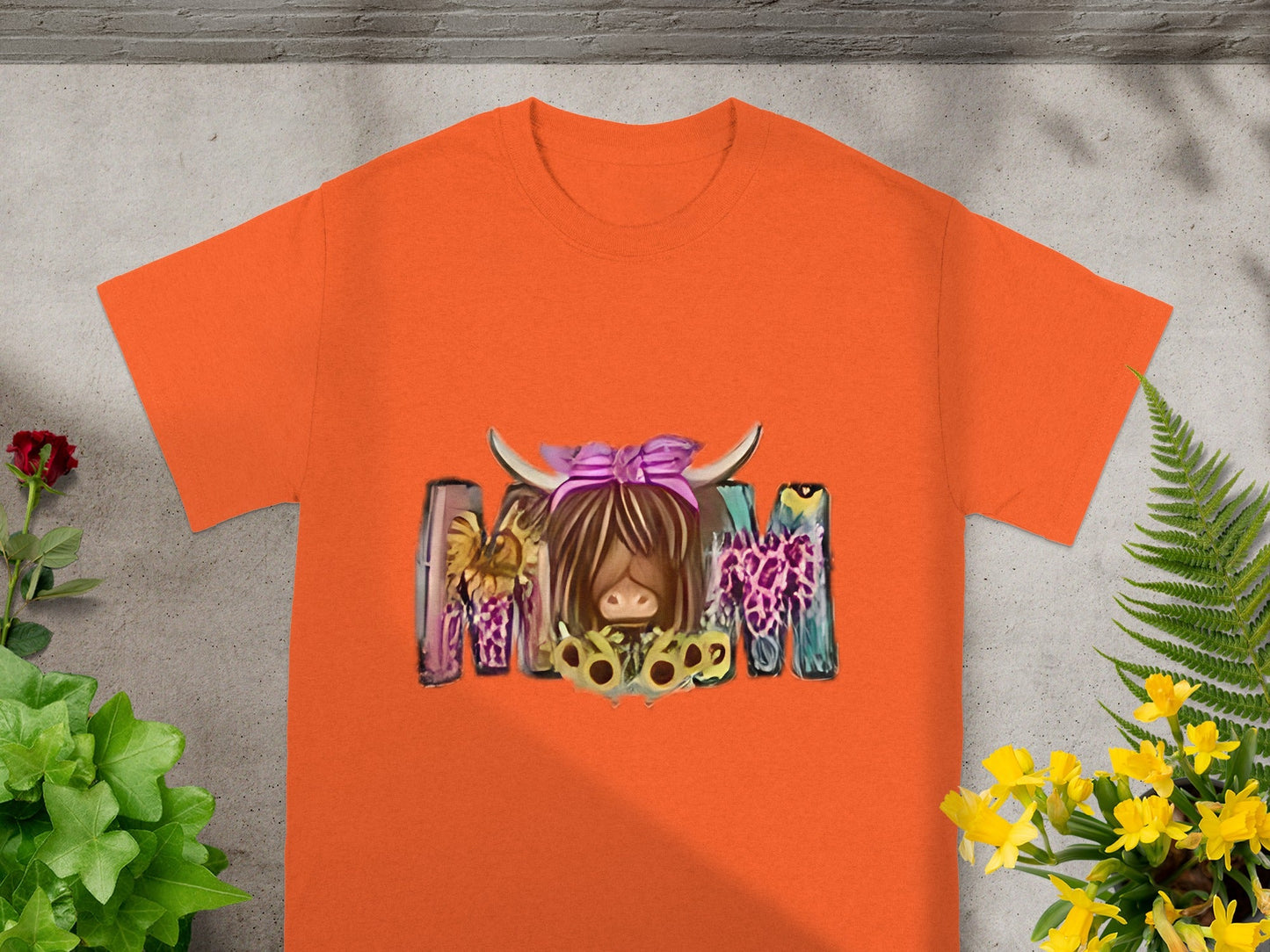 Cute Highland Cow MOM Design Orange T-Shirt