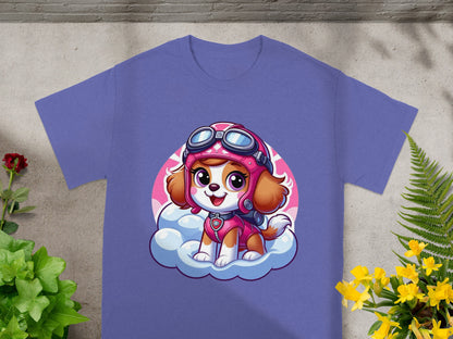 Paw Patrol Skye dog wearing aviator goggles and pink uniform, sitting on a cloud.