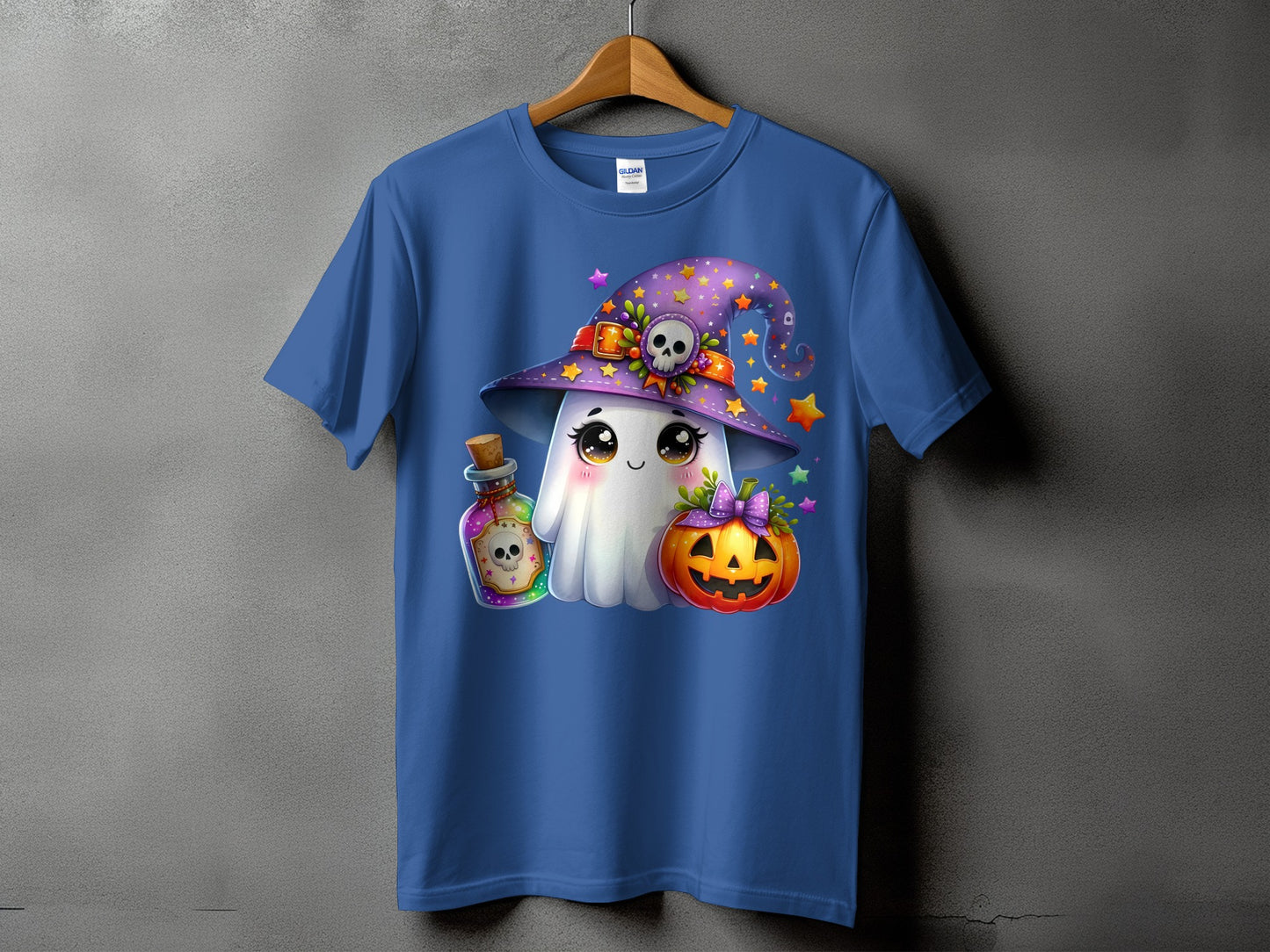 Ghost with witch hat, potion bottle, and jack-o'-lantern on a blue t-shirt.