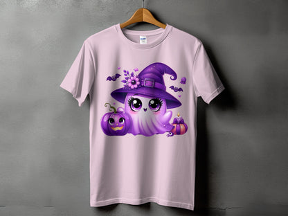 Pink t-shirt with a cute purple ghost wearing a witch hat, pumpkin, and candle.