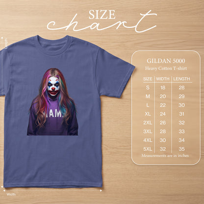 Purple t-shirt with a clown graphic and Gildan 5000 size chart.