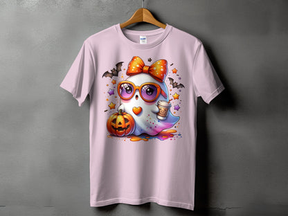 Cute cartoon ghost wearing oversized sunglasses with a bow and coffee cup on a pink t-shirt.
