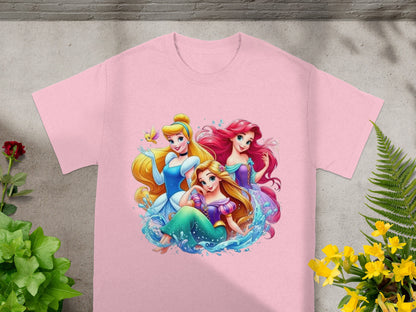 Three Disney princesses, Ariel, Cinderella, and Aurora, on a pink t-shirt.