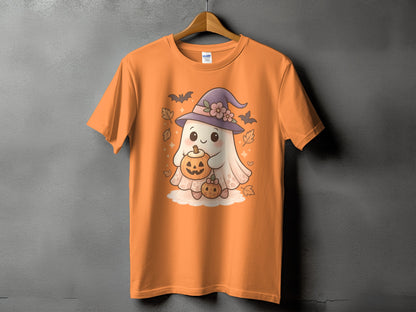 Orange t-shirt with a cute ghost character holding pumpkins.