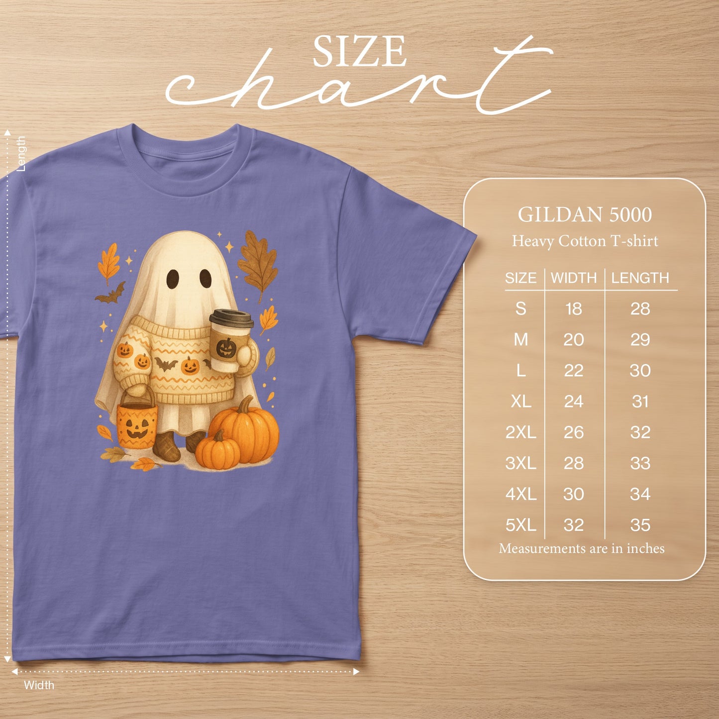 Ghost in sweater holding coffee cup with pumpkins and leaves, Gildan 5000 size chart.