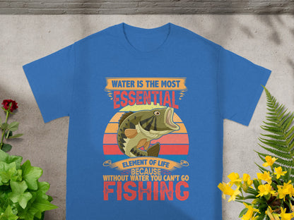 Blue t-shirt with a bass fish and text about fishing.