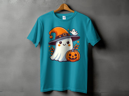 Teal t-shirt with cartoon ghost wearing a witch hat and holding a pumpkin.