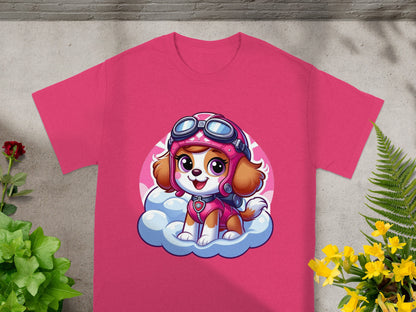 Pink t-shirt with Skye from Paw Patrol sitting on a cloud.