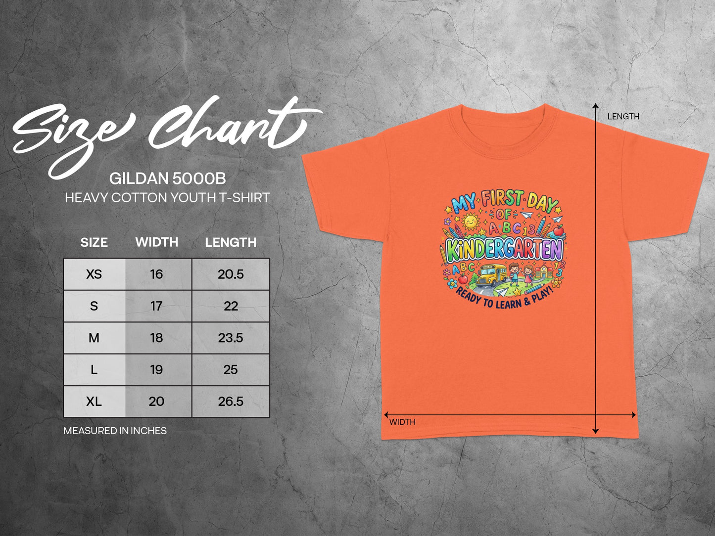 Size chart for Gildan 5000B youth t-shirt with width and length measurements.