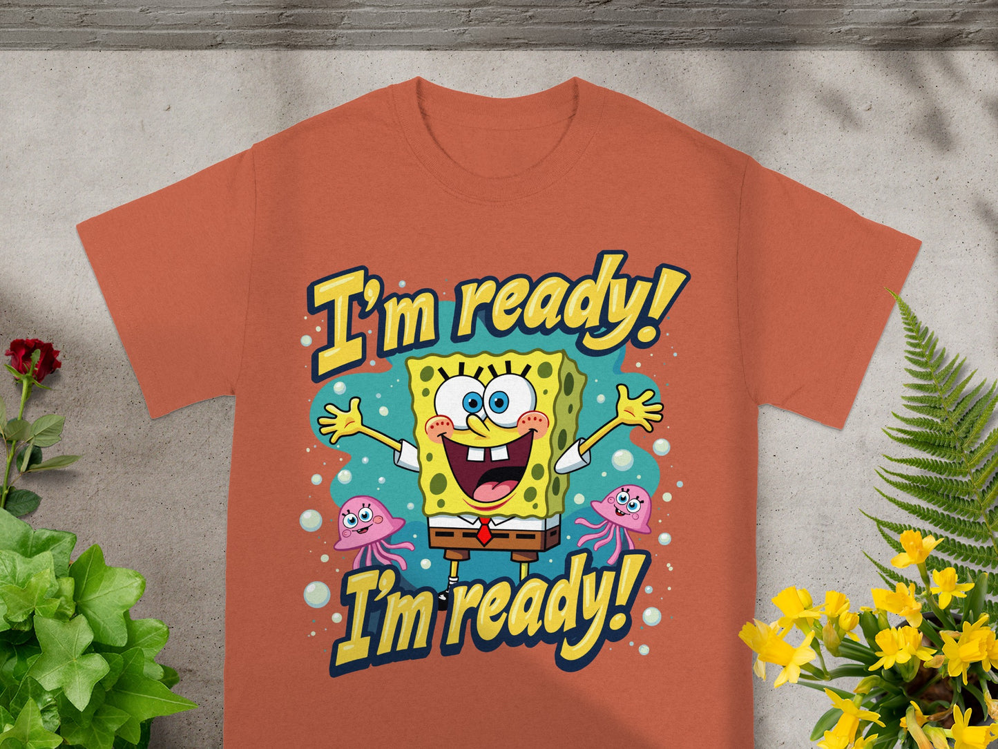 SpongeBob SquarePants with pink jellyfish and "I'm ready!" text.
