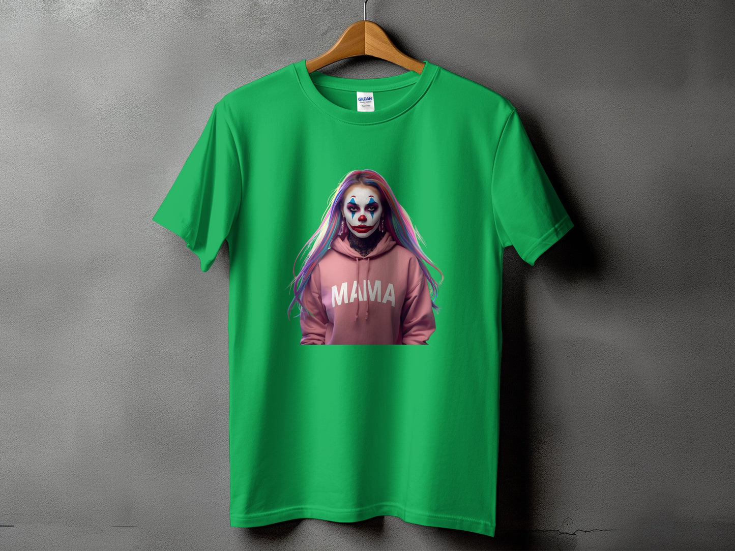 Green t-shirt with a clown girl graphic and "MAMA" text.