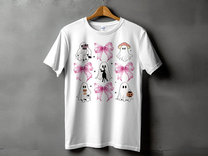 White t-shirt with a grid of cute ghost illustrations and pink bows.