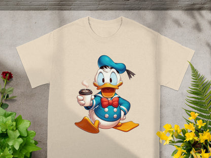 Donald Duck wearing a sailor outfit holds a cup of coffee.