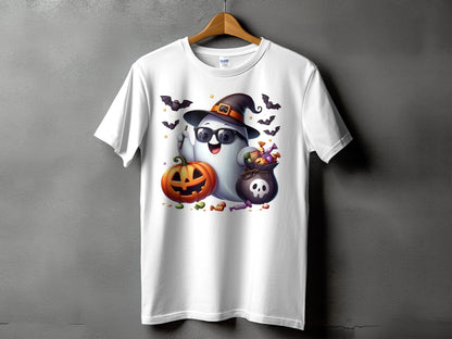 White t-shirt with a graphic of a ghost wearing a witch hat and sunglasses, holding candy and a pumpkin.