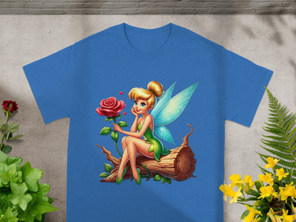 Blue t-shirt featuring a cartoon fairy holding a red rose.