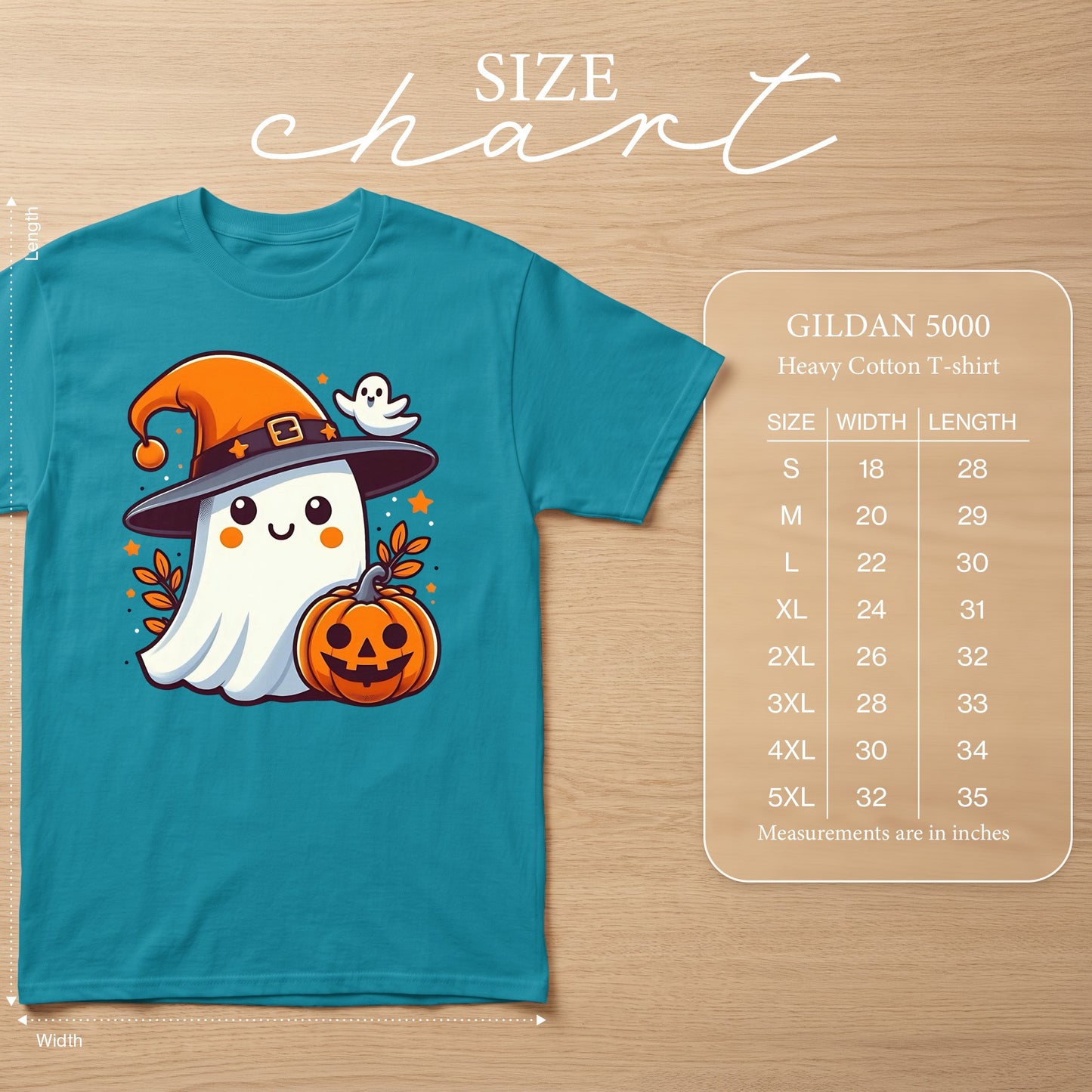 Teal t-shirt featuring a cute ghost in a witch hat and pumpkin with a GILDAN 5000 size chart.