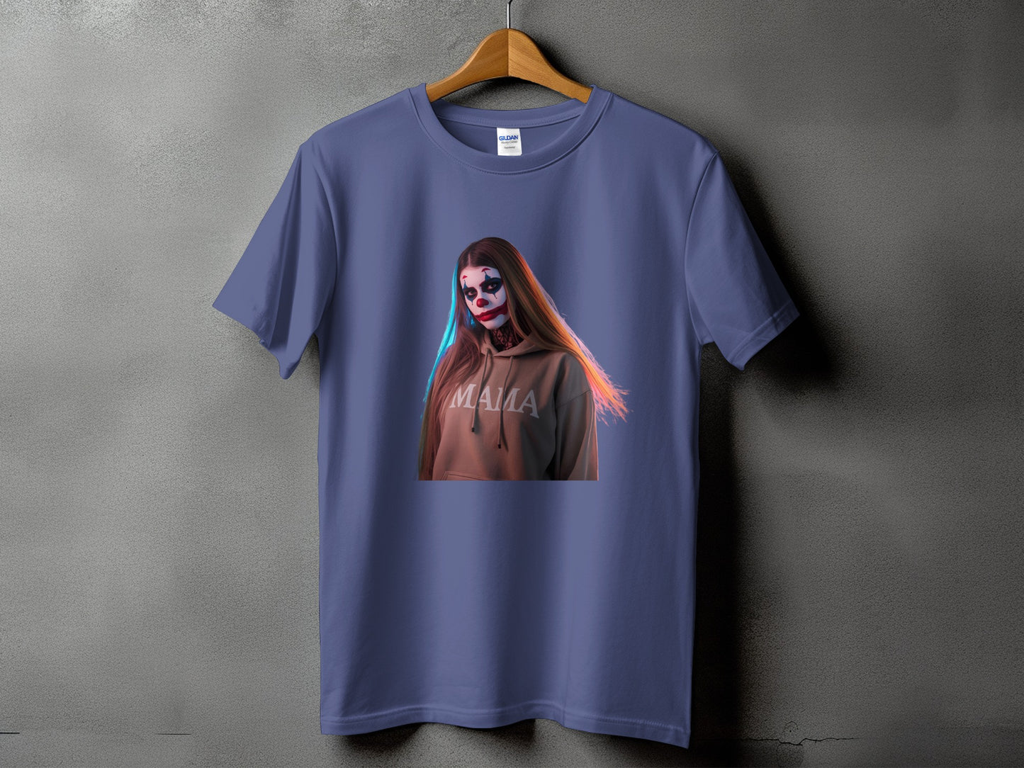 Purple t-shirt with a graphic of a woman in clown makeup wearing a "MAMA" hoodie.